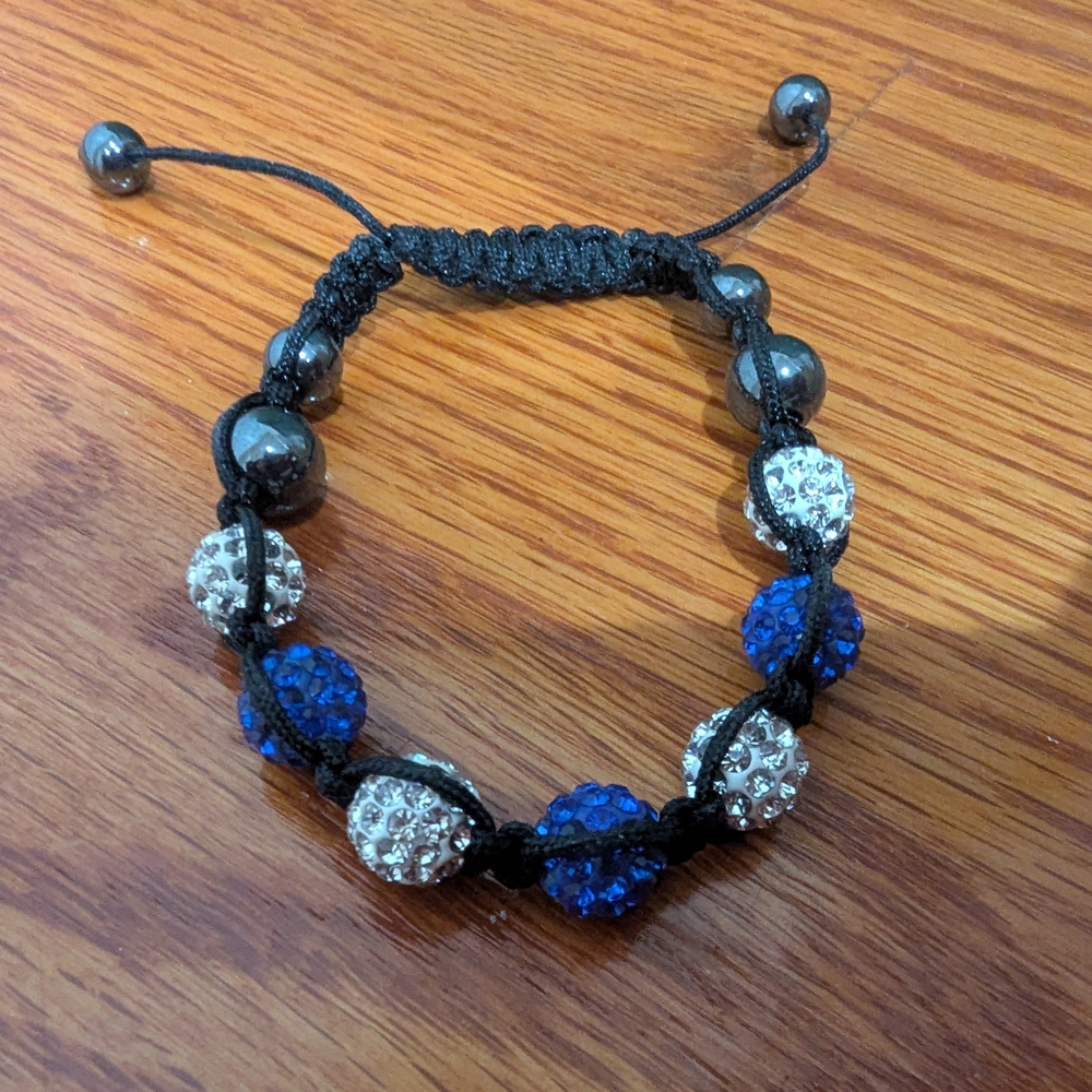 Beaded Shamballa-Style Bracelet with Blue and Silver Rhinestone Balls